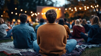 Fototapeta premium Group of people sitting on blankets outdoors, watching a screen with string lights overhead during evening or night event in a park