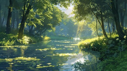 Obraz premium A sunlit stream flows through a lush green forest, with sunlight filtering through the leaves.