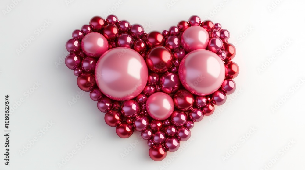 Poster a heart shape created with shiny red and pink spheres on a white background.