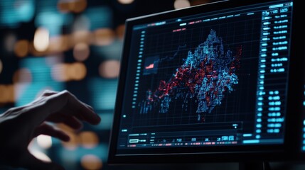 Analyzing complex data on a digital screen with graphical interface in dark room setting.