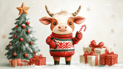 Festive Cow in Christmas Sweater Holding Candy Cane