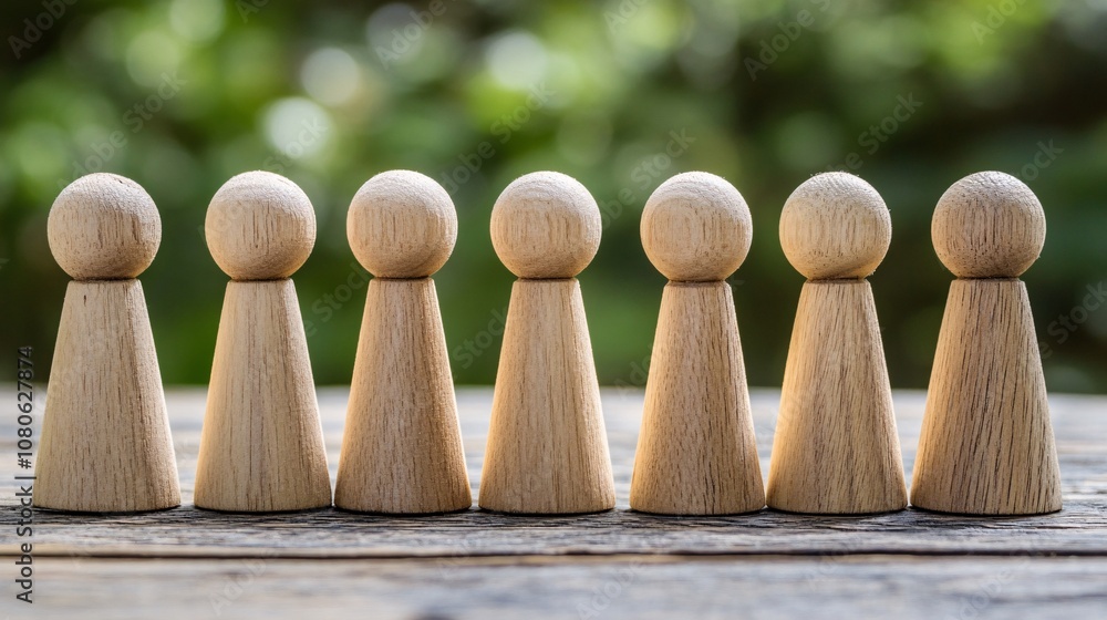 Poster wooden pawns standing in a row symbolizing equality and teamwork