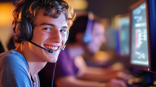 A young gamer wears a headset and smiles while engaged in a LAN party, surrounded by friends in a lively gaming atmosphere filled with excitement and competition