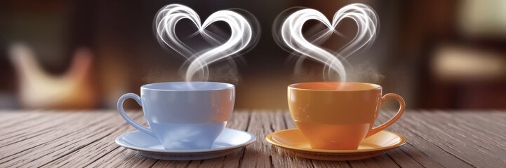 A banner depicting two cups of tea or coffee with steam forming hearts. The cups stand on a wooden surface. Background with space for text.