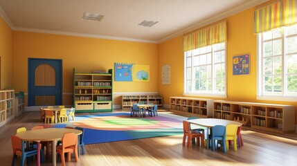 Colorful Classroom with Bookshelves and Small Tables