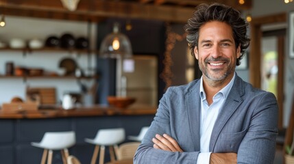 Fototapeta premium A confident and smiling man in a business attire stands with folded arms, set against a modern and well-lit home kitchen interior background