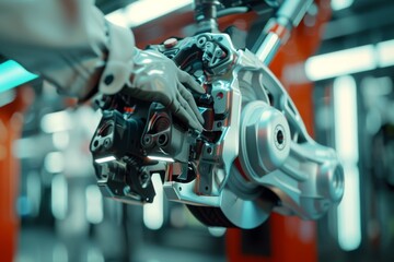 Fototapeta premium Close up of a technician working on an electric car brake