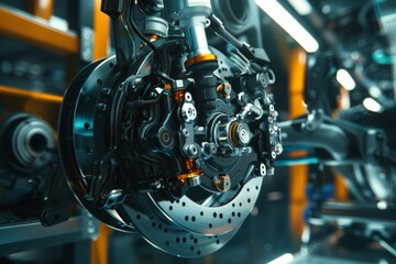 Fototapeta premium Close up of a technician working on an electric car brake