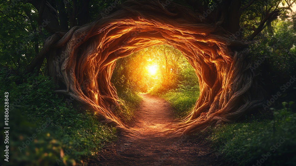 Poster a magical, sunlit path through a twisted tree root archway in a lush forest.