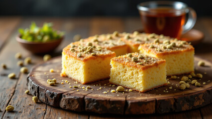 Freshly baked cheese kunafa on a rustic wooden board with a cup of tea nearby.