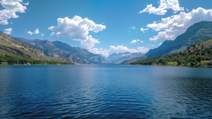 Fototapeta premium A serene mountain lake with calm blue waters, surrounded by lush green hills and a clear blue sky dotted with fluffy white clouds.