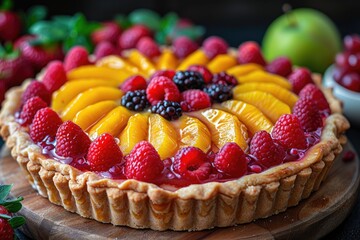 Delicious Fruit Tart with Peach, Raspberry, and Blackberry Topping