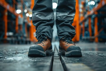 Close up of safety workers shoes in factory