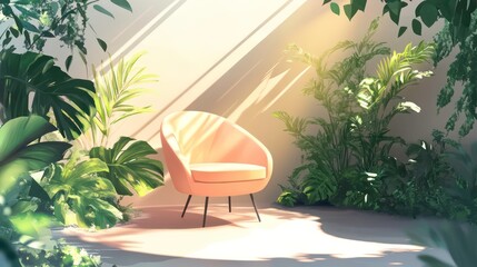 Modern illustration showcasing a seat, light source, and foliage. Innovative design concept and furnishing blueprint with adjustable features