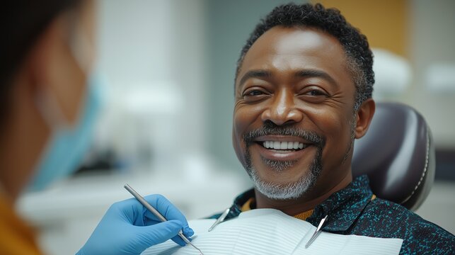 A man sits comfortably in a dental chair at the dentist's office, smiling brightly as he interacts with a dental professional, reflecting a positive and relaxed atmosphere during his appointment