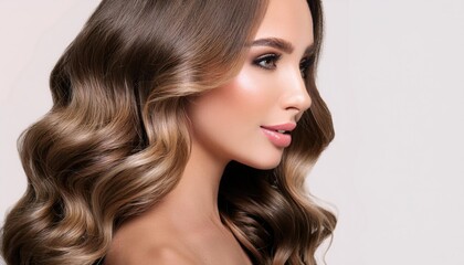 Naklejka premium Beautiful woman in profile with long and shiny wavy hair . Beauty model girl with curly hairstyle