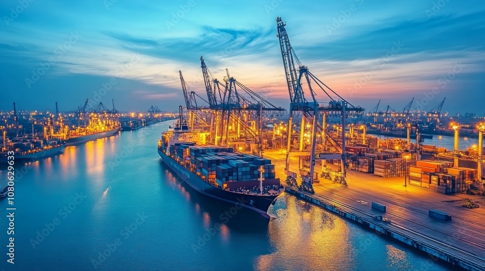 Poster a large container ship is docked at a busy port at dusk. cranes are working to load and unload conta