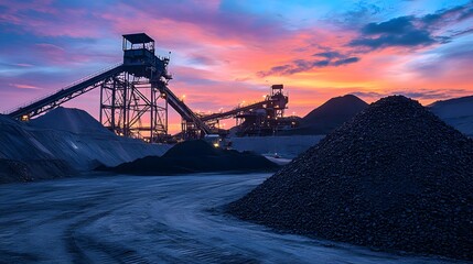 A coal mining operation at sunset, with conveyor belts and piles of coal in the foreground.