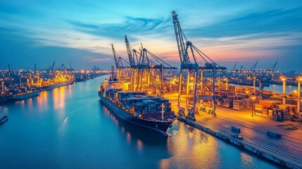 Obraz premium A large container ship is docked at a busy port at dusk. Cranes are working to load and unload containers.