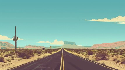 Minimalist depiction of a road trip adventure through empty desert plains