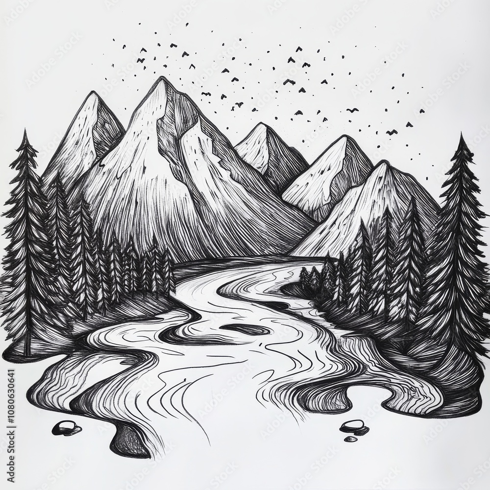 Poster a mountain range with a river running through it. there are trees on both sides of the river