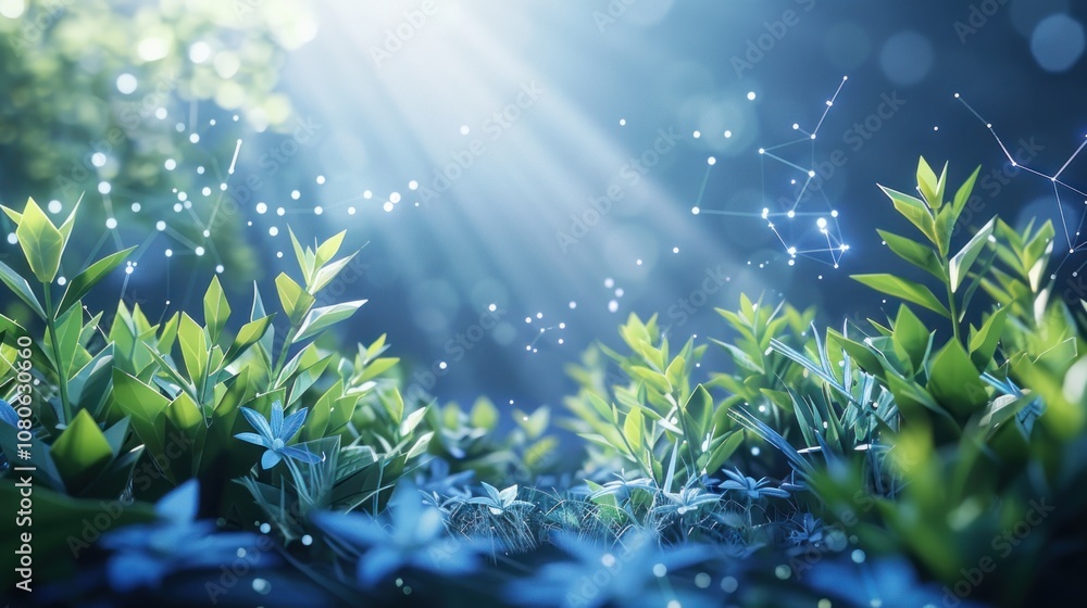 Aufkleber a close-up of lush green leaves in a forest with a beam of light shining through the trees and a net