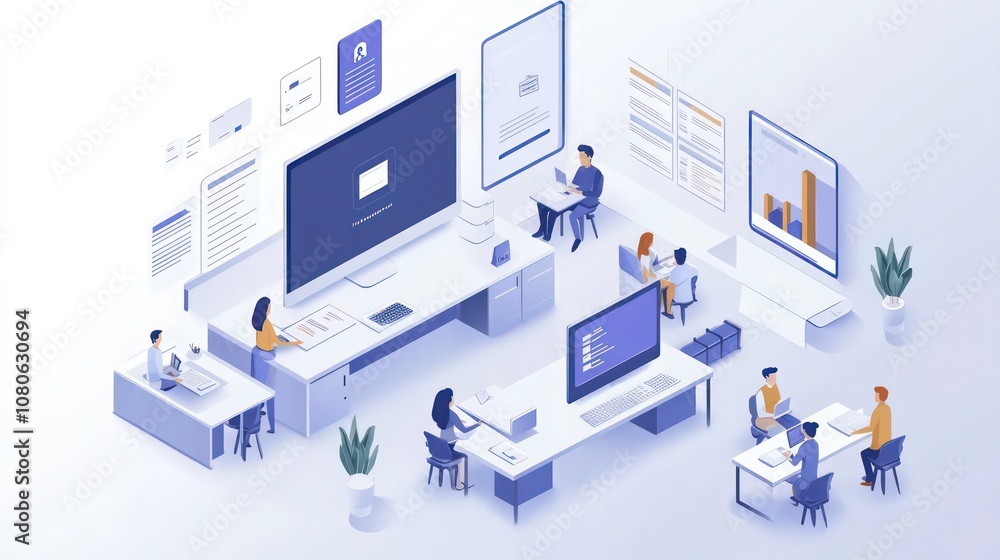 Poster modern hybrid workspace with document management tools promoting seamless collaboration between in-o
