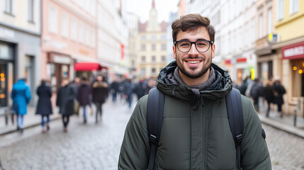 Naklejka premium Smiling tourist exploring european city center in winter