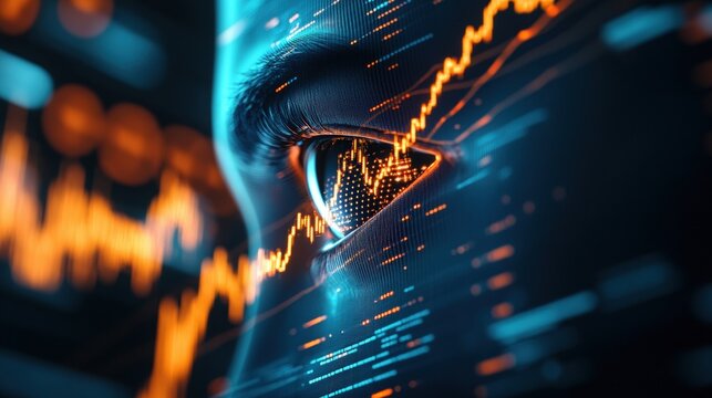 Close-up of eye with digital data and charts, representing advanced technology and analytics.