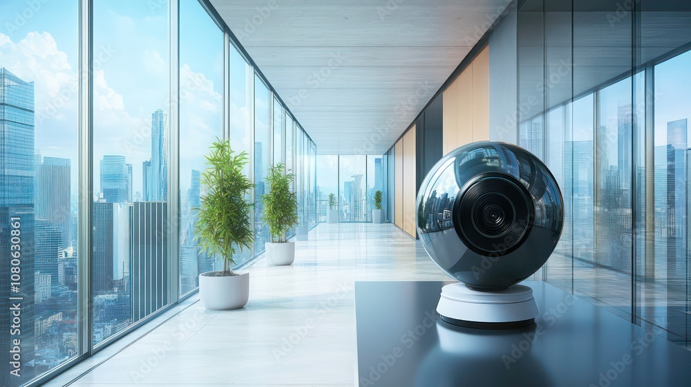 Aufkleber modern hallway with 360-degree camera on table overlooking cityscape through large glass windows