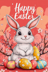 Cute easter bunny surrounded by colorful decorated eggs and blooming cherry blossoms