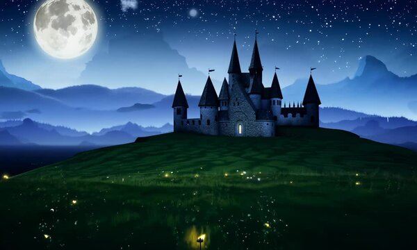 castle on the hill at night. composite fantasy landscape. grassy meadow in the foreground. rocky peaks of the ridge in the distant background in full moon light