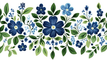 Blue floral pattern with green leaves on white background for design and decoration