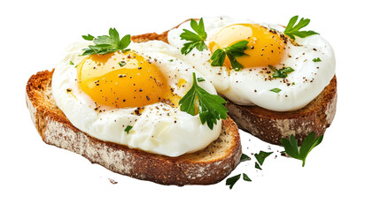 Poached eggs with parsley on toast on a transparent background. isolated background.