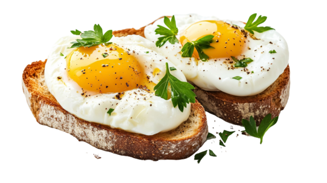 Poached eggs with parsley on toast on a transparent background. isolated background.
