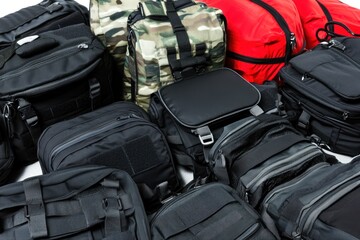 Fototapeta premium A collection of various backpacks and bags in different colors and styles, including black, camouflage, and red.