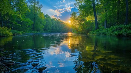Fototapeta premium A serene sunset over a still river, the golden light reflecting off the water, surrounded by lush green trees.
