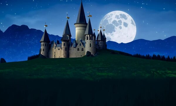 castle on the hill at night. composite fantasy landscape. grassy meadow in the foreground. rocky peaks of the ridge in the distant background in full moon light