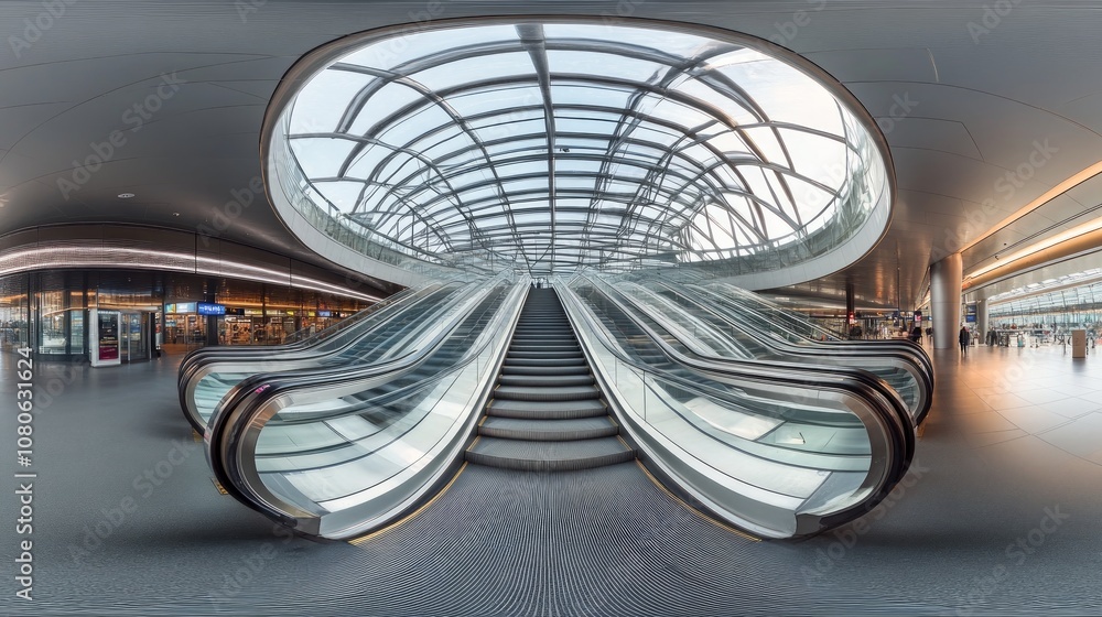 Poster a modern, futuristic escalator system inside a spacious airport terminal with a large skylight overh