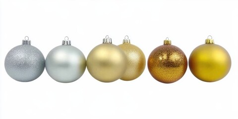 A festive display of six shimmering Christmas ornaments in various silver and gold tones, showcasing a blend of matte, glittery, and glossy finishes
