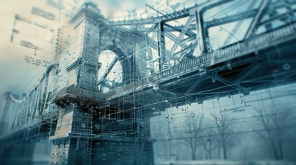 Fototapeta premium Abstract digital rendering of a bridge with a wireframe overlay and a blurred cityscape in the background.