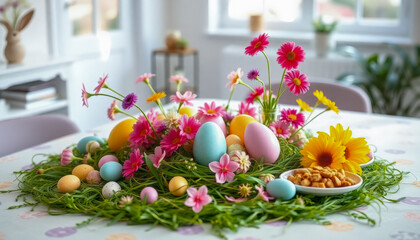 Obraz premium Elegant Easter Dinner Table with Colorful Eggs, Floral Arrangements, and Fruit Bowls