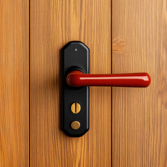Obraz premium Modern black handle with vibrant red door hanger on wooden door. This stylish design adds contemporary touch to any interior space, enhancing both functionality and aesthetics
