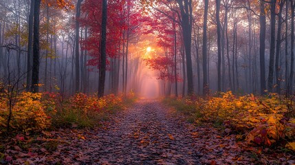 Obraz premium Enchanted Autumn Forest Pathway with Vibrant Foliage and Soft Mist Illuminated by Golden Sunrise in a Serene and Peaceful Setting