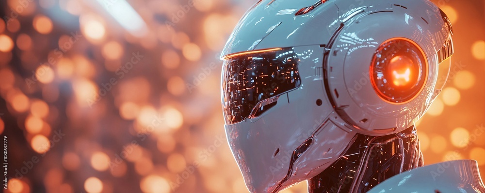Poster futuristic robot wearing helmet with hud display and glowing lights