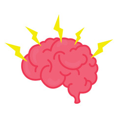 brain concept illustration and lightning sign on it, stress, headache, flat style vector illustration.