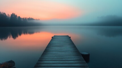 Fototapeta premium A serene morning view of a wooden pier extending into a mist-covered lake with a vibrant sunrise gently illuminating the tranquil water landscape
