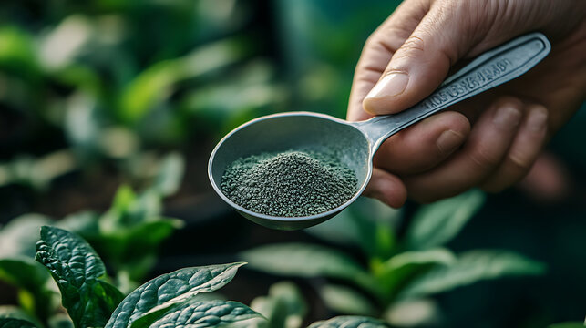 gardener holding a tablespoon of organic fertilizer in hand before applying to plants
