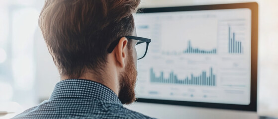 Focused man analyzing data trends on a computer screen in a modern office environment.