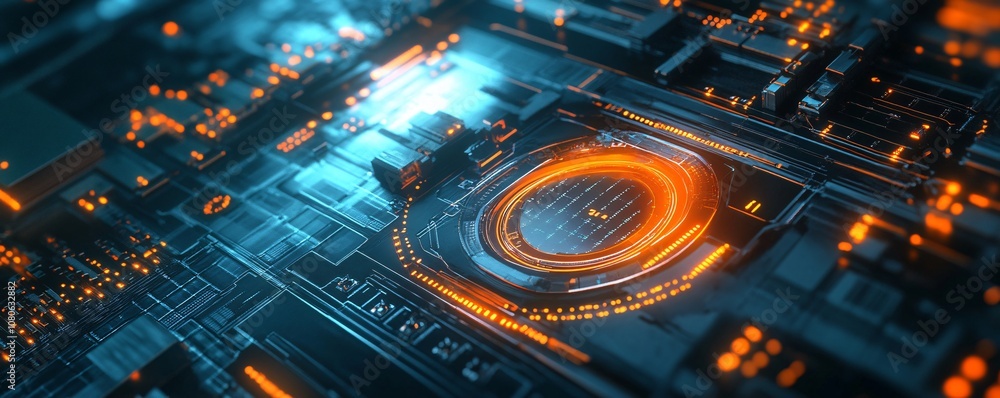 Poster futuristic circuit board glowing with integrated cpu processing data